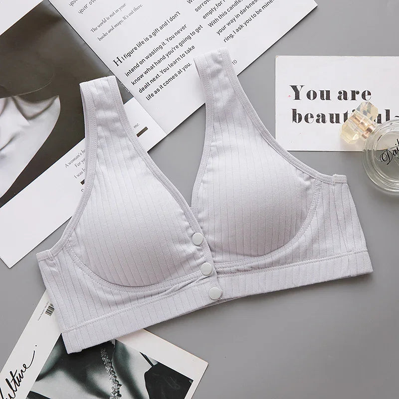Soft ribbed white wireless bra with front buttons, designed for everyday comfort and support