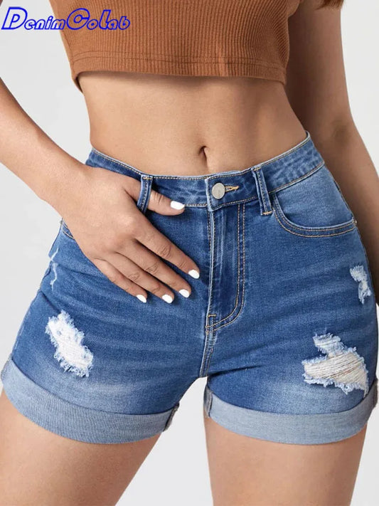 Denimcolab 2024 New High Elastic Women's Denim Shorts With Ripped Roll Up Mid Waist Short Jeans Ladies Streetwear Denim Shorts