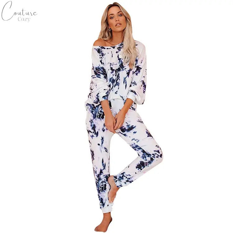 women's Tie-Dye Home Comfortable Round Neck Long Sleeve Casual Pajamas Set Couture Cozy