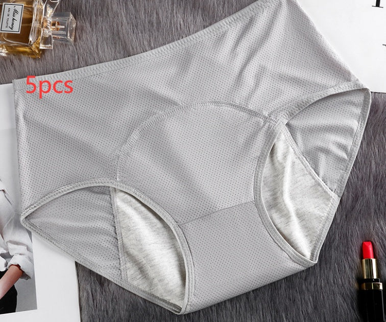 Set of 5 women's leak-proof menstrual underwear in various styles, designed for comfort and protection during menstruation.