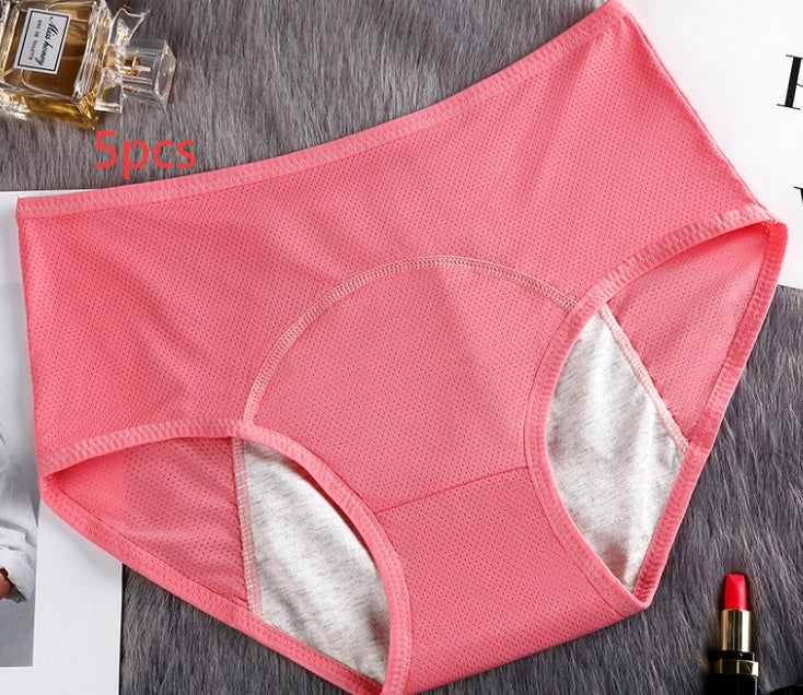 Set of five leak-proof menstrual underwear for women in various styles, made from comfortable, absorbent fabric for daily protection.