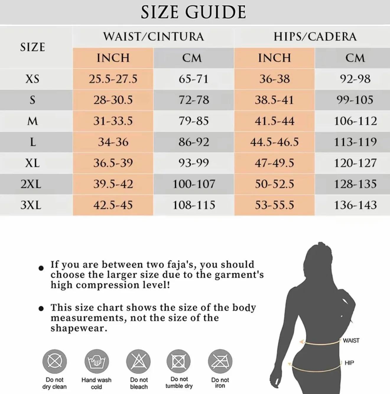 Women's undergarment size guide chart for waist and hips, XS to 3XL, with care icons and silhouette.