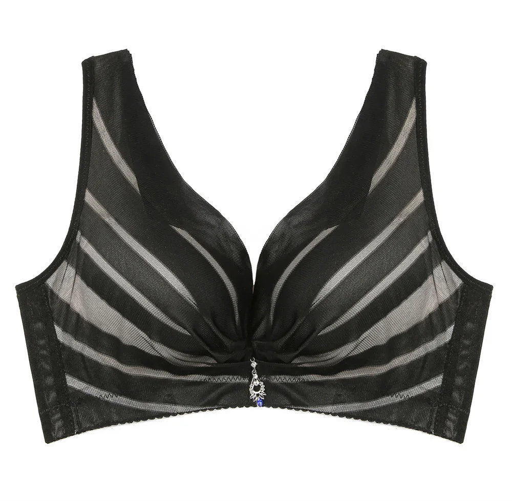 Black mesh bra with striped sheer panels and a small decorative pendant, designed for comfort.