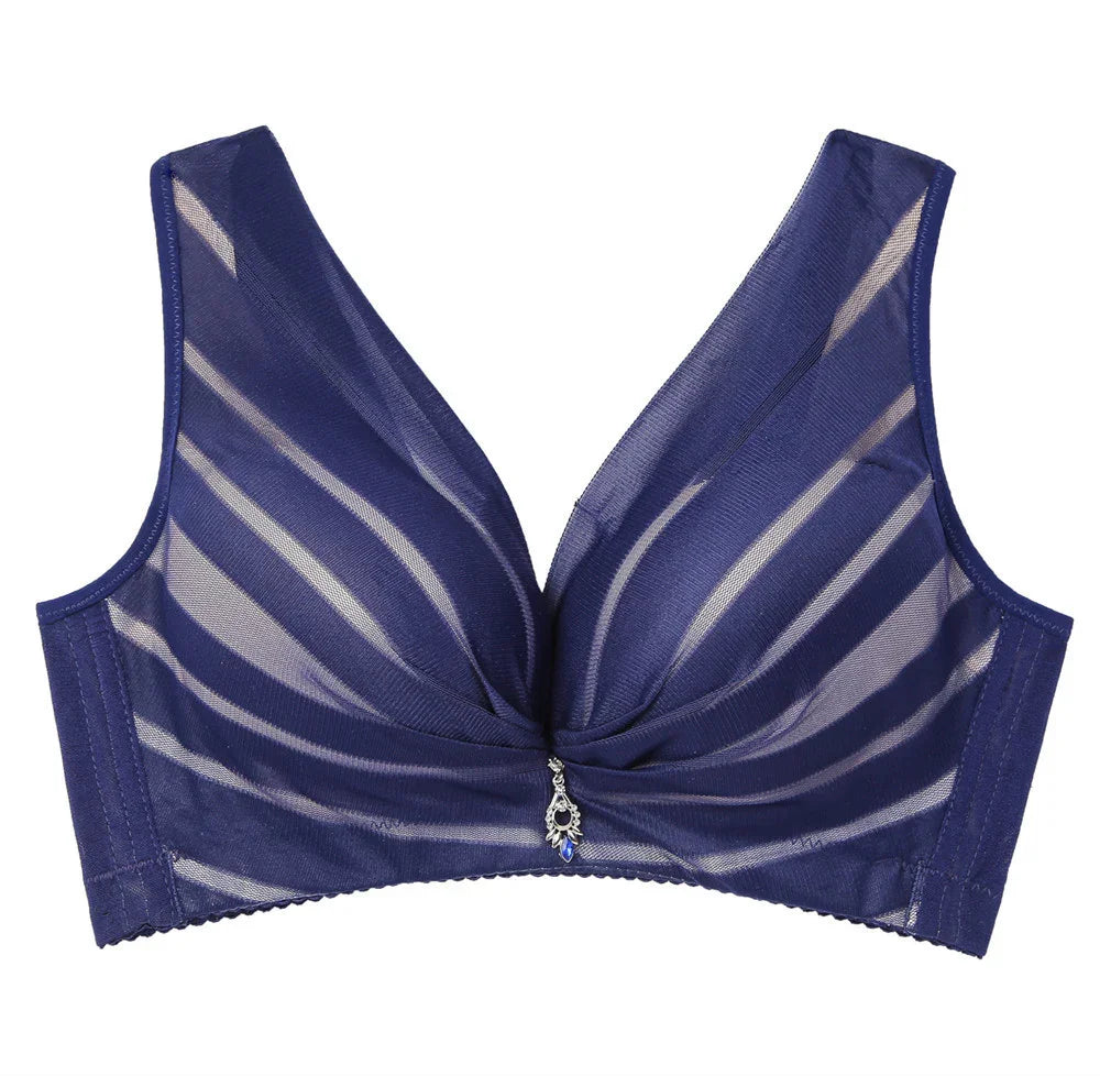 Breathable deep blue sheer bra with mesh stripes and central charm, designed for comfort and elegance