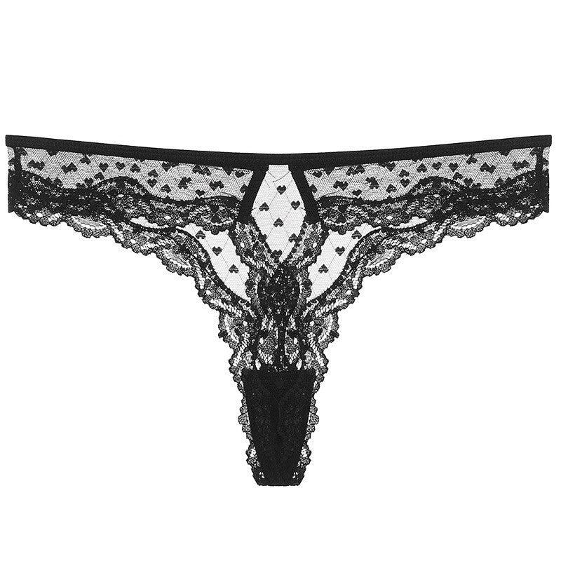 Black lace women's thong panty with delicate heart pattern, breathable and elegant design.