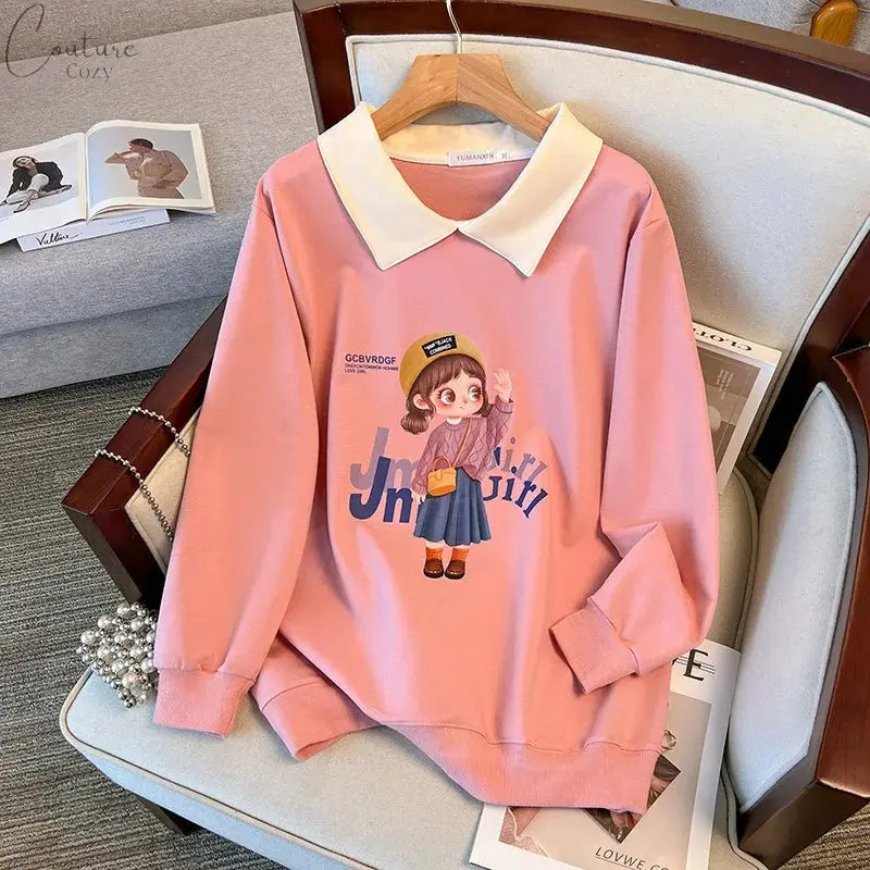 170Kg Plus Size Women's Bust 170 Spring Autumn Loose Lapel Sweatshirt Printed Top Black Pink 5XL 6XL 7XL 8XL 9XL 10XL Couture Cozy