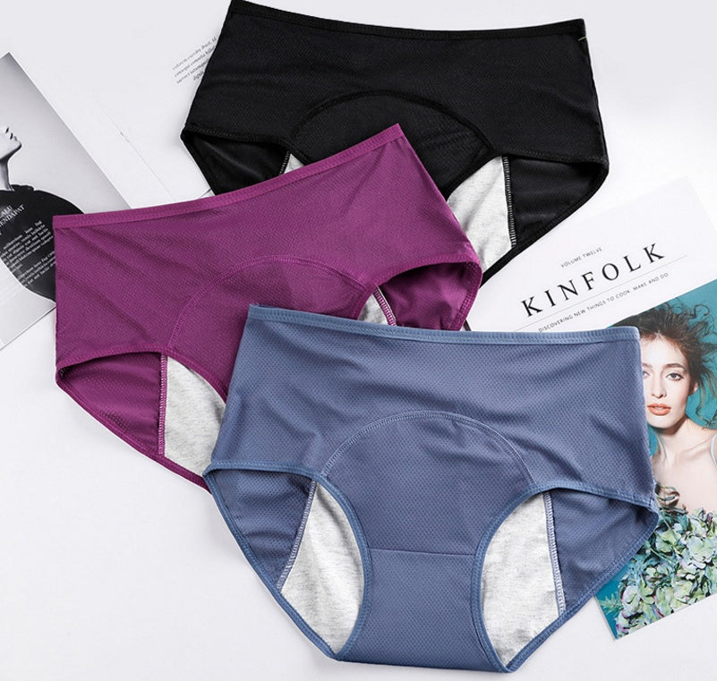Set of five leak-proof menstrual underwear for women, featuring comfortable, absorbent, and reusable protection.