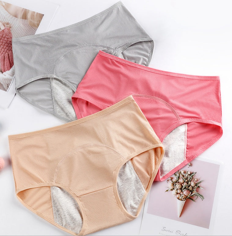 Set of five women's menstrual underwear leak-proof panties in dark and light colors, designed for comfort and protection.