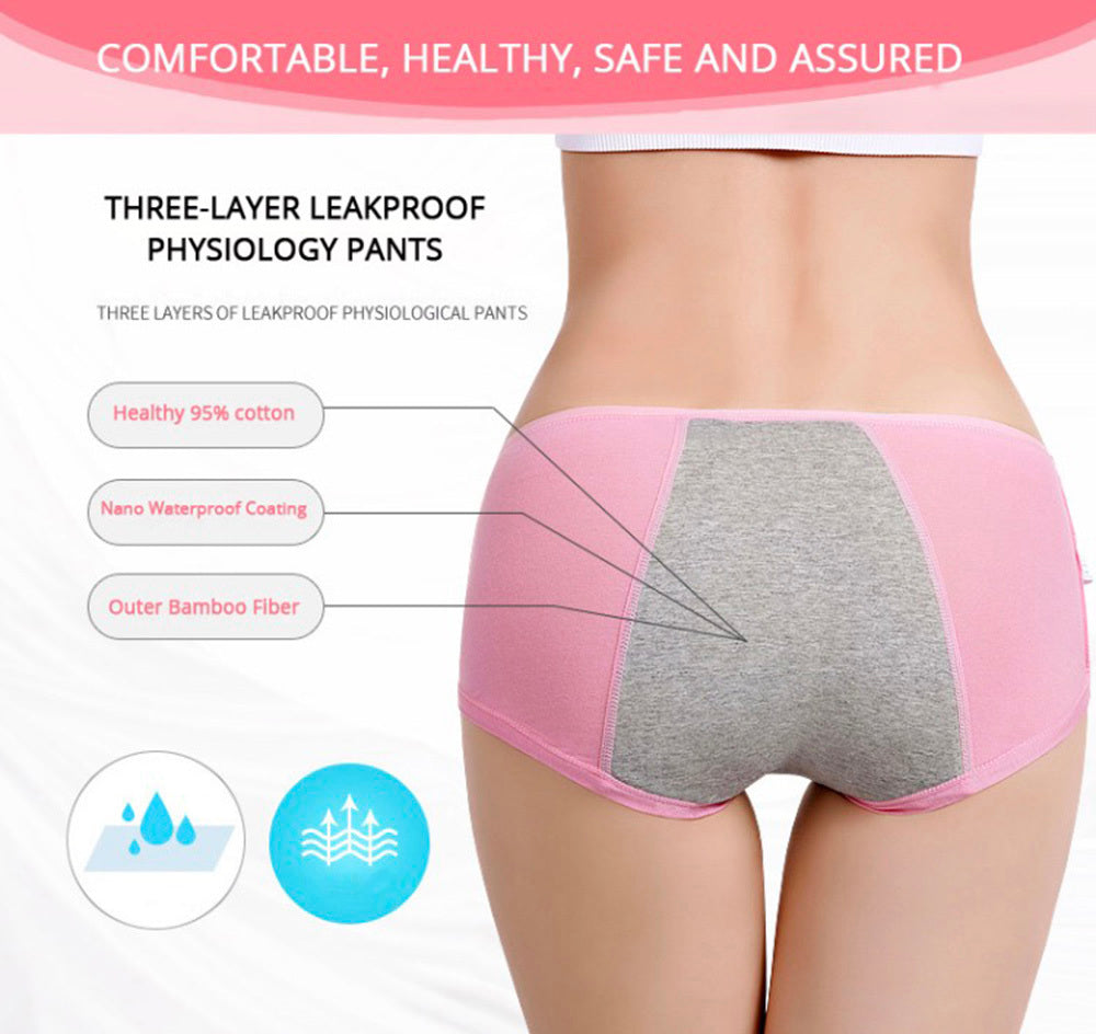 Set of three women's menstrual panties in various styles, offering comfortable and absorbent underwear for women.