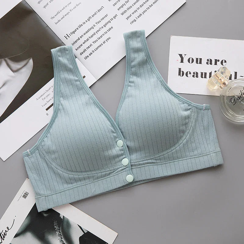 Light blue wireless bra with front buttons, soft ribbed fabric for everyday comfort and support