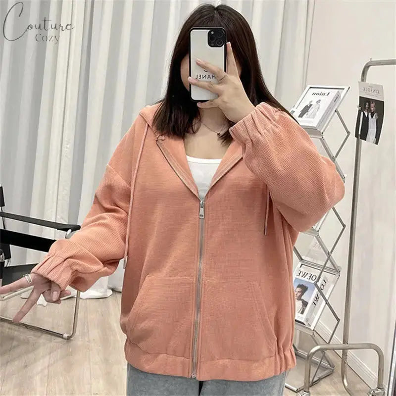 2022 Autumn New Fashion Temperament Korean Plus Size Hoodies Women Loose Casual Waffle Sweatshirt Jacket Solid Elegant Cardigan Couture Cozy