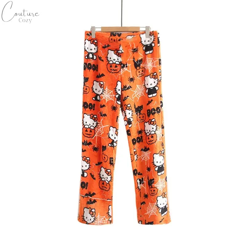 2023 Anime Sanrio Hello Kitty Pajamas Black Flannel Women Kawaii Woolen White Cartoon Casual Home Pants Autumn Fashion Trousers Couture Cozy