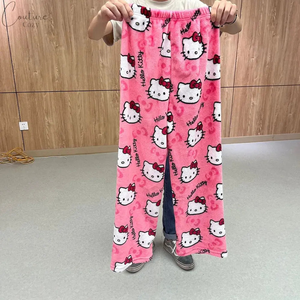 2023 Anime Sanrio Hello Kitty Pajamas Black Flannel Women Kawaii Woolen White Cartoon Casual Home Pants Autumn Fashion Trousers Couture Cozy