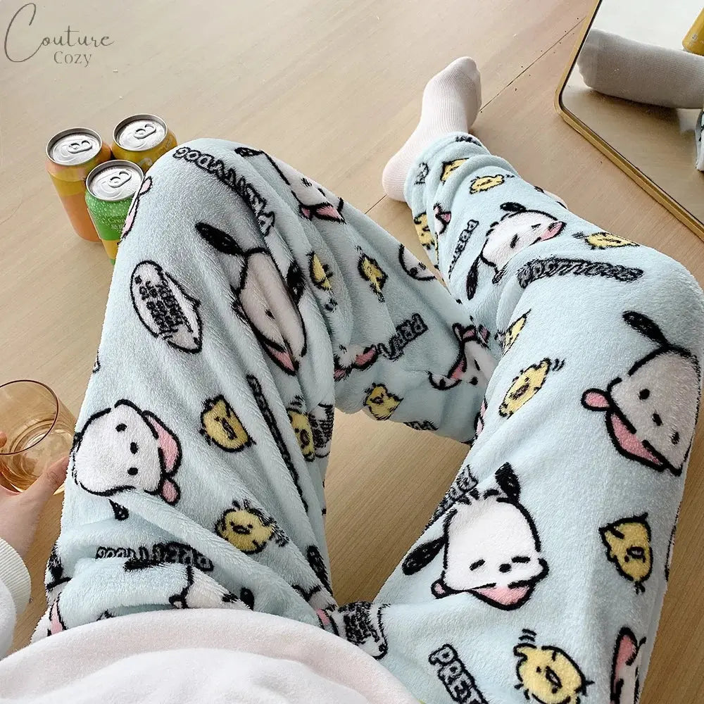 2023 Anime Sanrio Hello Kitty Pajamas Black Flannel Women Kawaii Woolen White Cartoon Casual Home Pants Autumn Fashion Trousers Couture Cozy
