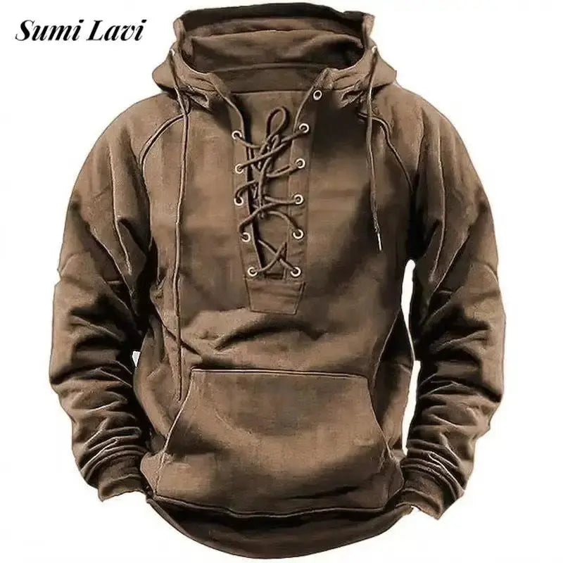 2024 Fall Trendy Mens Hooded Sweatshirts Lace-up Drawstring Long Sleeve Loose Hoodies Men Streetwear Vintage Solid Color Hoodie Couture Cozy