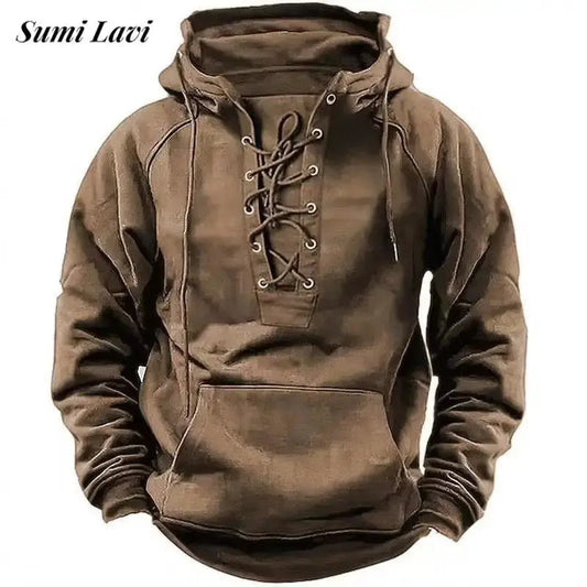 2024 Fall Trendy Mens Hooded Sweatshirts Lace-up Drawstring Long Sleeve Loose Hoodies Men Streetwear Vintage Solid Color Hoodie Couture Cozy
