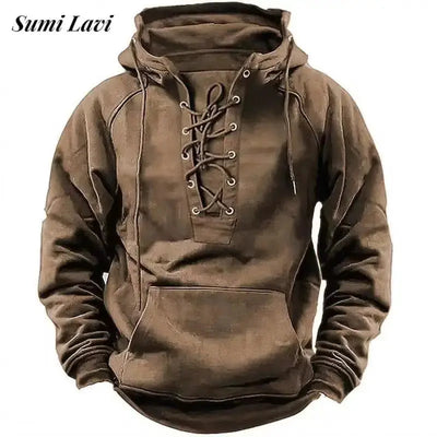 2024 Fall Trendy Mens Hooded Sweatshirts Lace-up Drawstring Long Sleeve Loose Hoodies Men Streetwear Vintage Solid Color Hoodie Couture Cozy