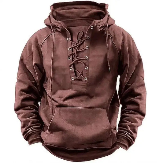 2024 Fall Trendy Mens Hooded Sweatshirts Lace-up Drawstring Long Sleeve Loose Hoodies Men Streetwear Vintage Solid Color Hoodie Couture Cozy