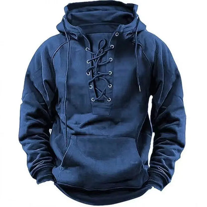 2024 Fall Trendy Mens Hooded Sweatshirts Lace-up Drawstring Long Sleeve Loose Hoodies Men Streetwear Vintage Solid Color Hoodie Couture Cozy