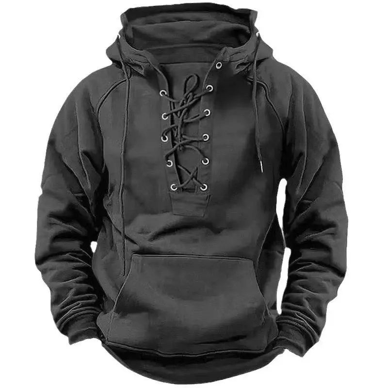 2024 Fall Trendy Mens Hooded Sweatshirts Lace-up Drawstring Long Sleeve Loose Hoodies Men Streetwear Vintage Solid Color Hoodie Couture Cozy