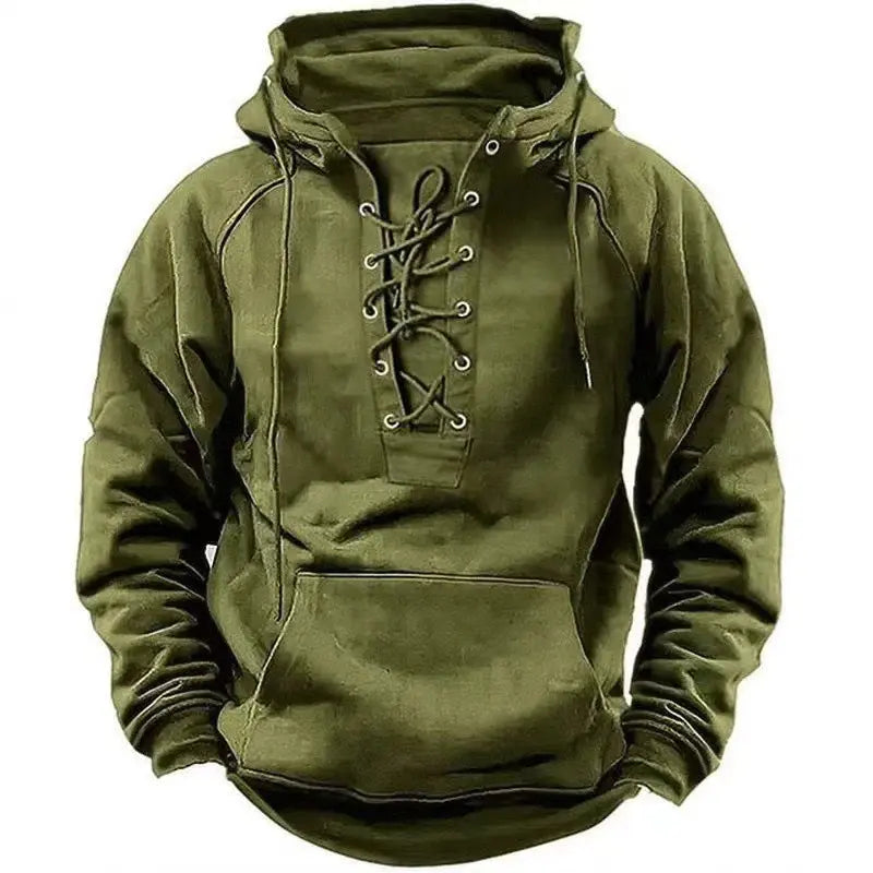 2024 Fall Trendy Mens Hooded Sweatshirts Lace-up Drawstring Long Sleeve Loose Hoodies Men Streetwear Vintage Solid Color Hoodie Couture Cozy