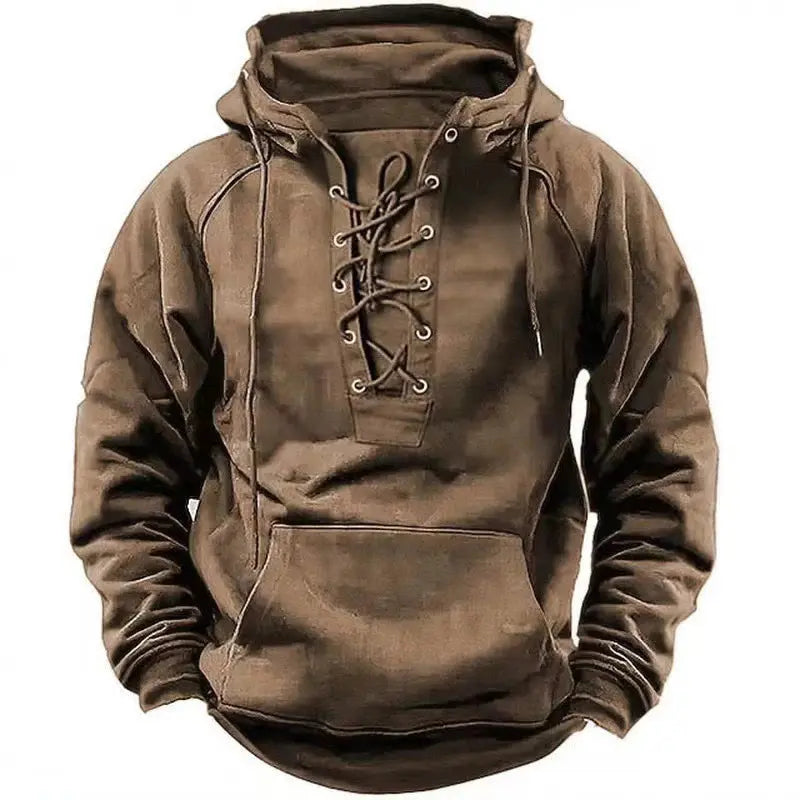 2024 Fall Trendy Mens Hooded Sweatshirts Lace-up Drawstring Long Sleeve Loose Hoodies Men Streetwear Vintage Solid Color Hoodie Couture Cozy