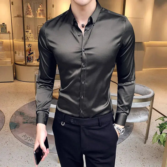 2024 Men's Shirt Neckline Embroidery Long Sleeve Casual Slim Men's Dress Shirt Solid Color Formal Business Social Clothing Top Couture Cozy