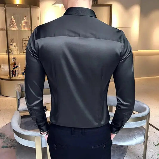 2024 Men's Shirt Neckline Embroidery Long Sleeve Casual Slim Men's Dress Shirt Solid Color Formal Business Social Clothing Top Couture Cozy