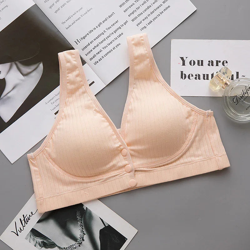 Soft peach wireless bra for women, front closure, breathable fabric, comfortable everyday undergarment