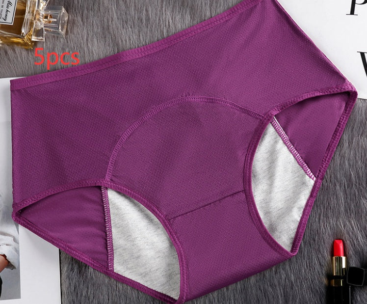 Set of 5 women’s leak-proof menstrual underwear in various colors, designed for comfort and protection during periods.