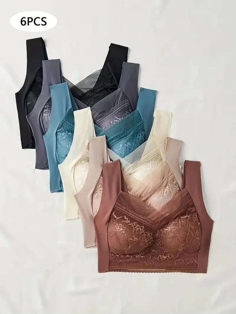 Six soft lace bras in assorted colors, designed for everyday comfort and confidence.