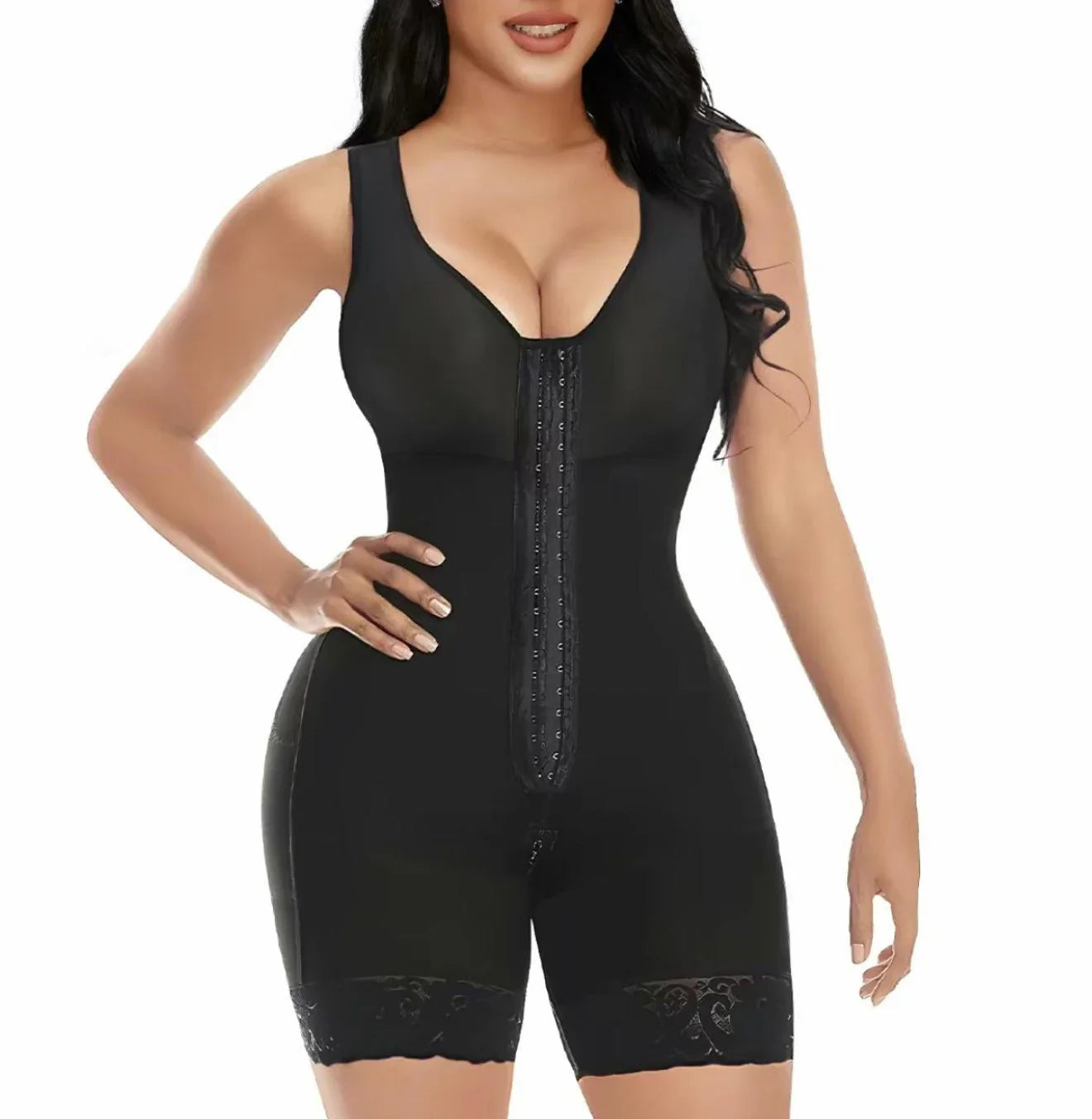Woman wearing black full-body shapewear with lace trim, designed for everyday comfort and support.
