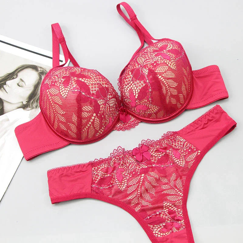 Pink lace bra and panty lingerie set for women, soft breathable undergarment with floral details