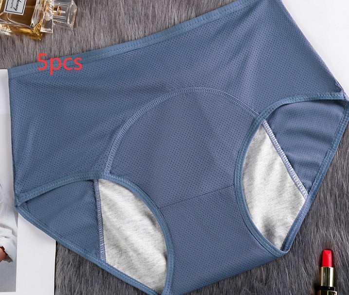 Set of five women's leak-proof menstrual underwear in dark and neutral colors, designed for menstrual protection and comfort.