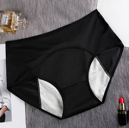 Set of five menstrual underwear for women showing leak-proof design, in various colors, made from soft, breathable fabric.
