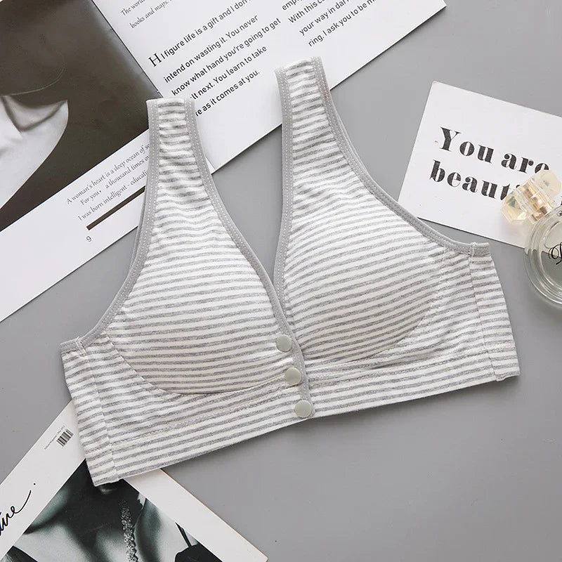 Soft striped wireless bra for women with front buttons, comfortable everyday undergarment