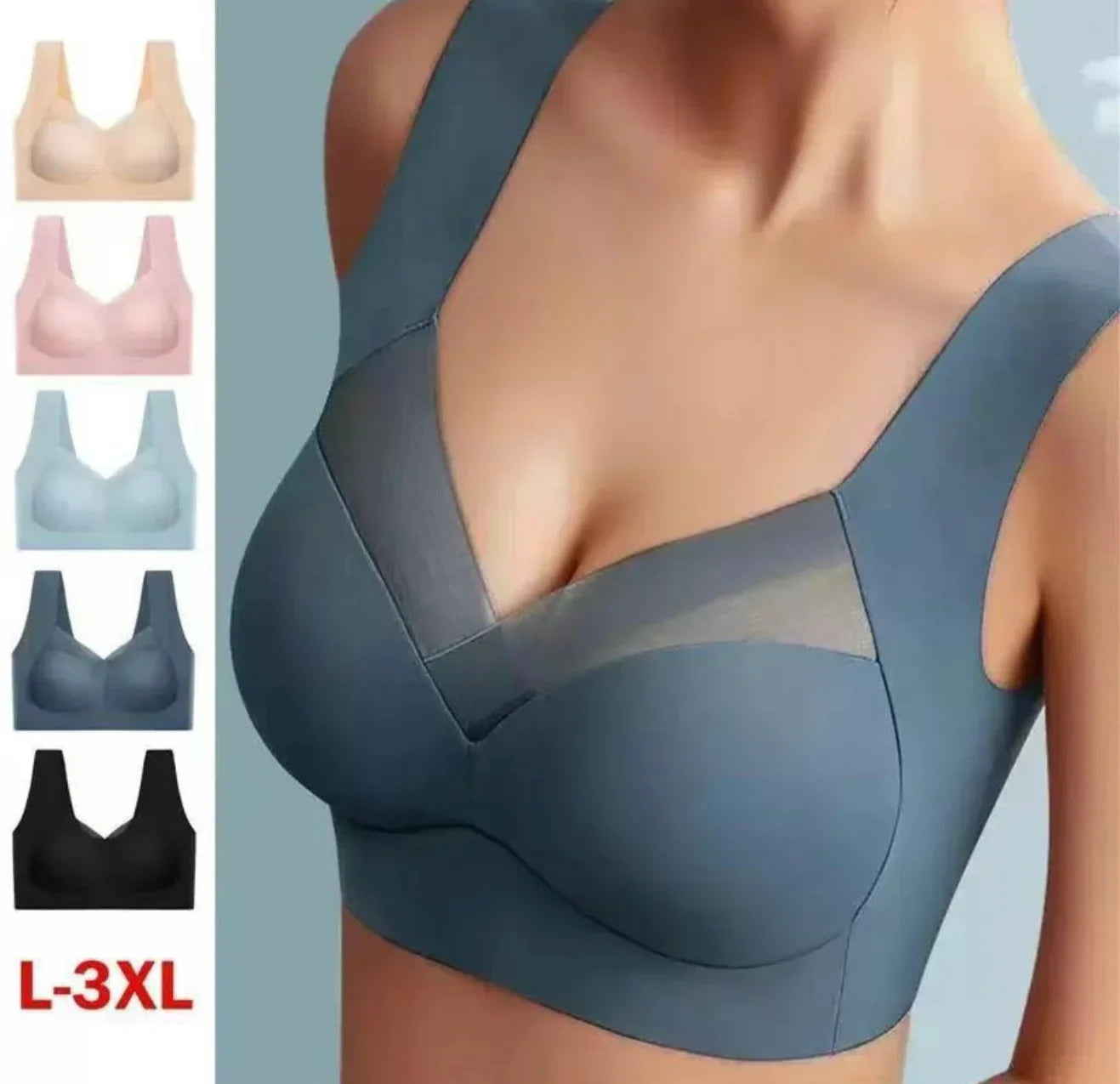 Supportive women’s comfort bra in blue with mesh detail, showing multiple color options, sizes L-3XL