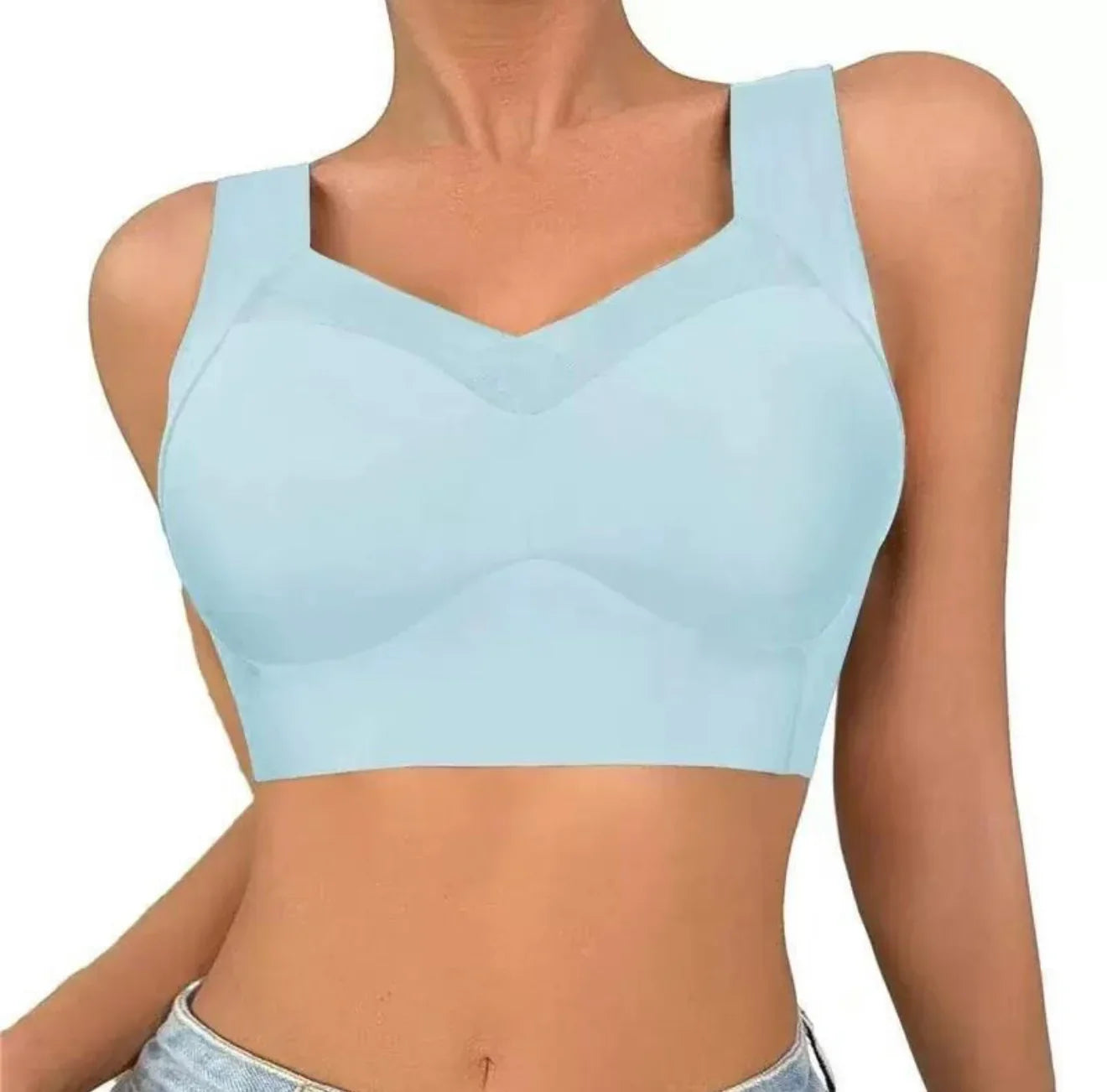 Woman wearing a light blue seamless comfort bra, soft fabric, supportive everyday undergarment