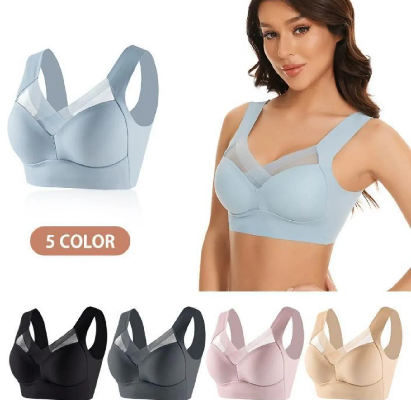 Women’s seamless comfort bra with wide straps in five colors, perfect for everyday support