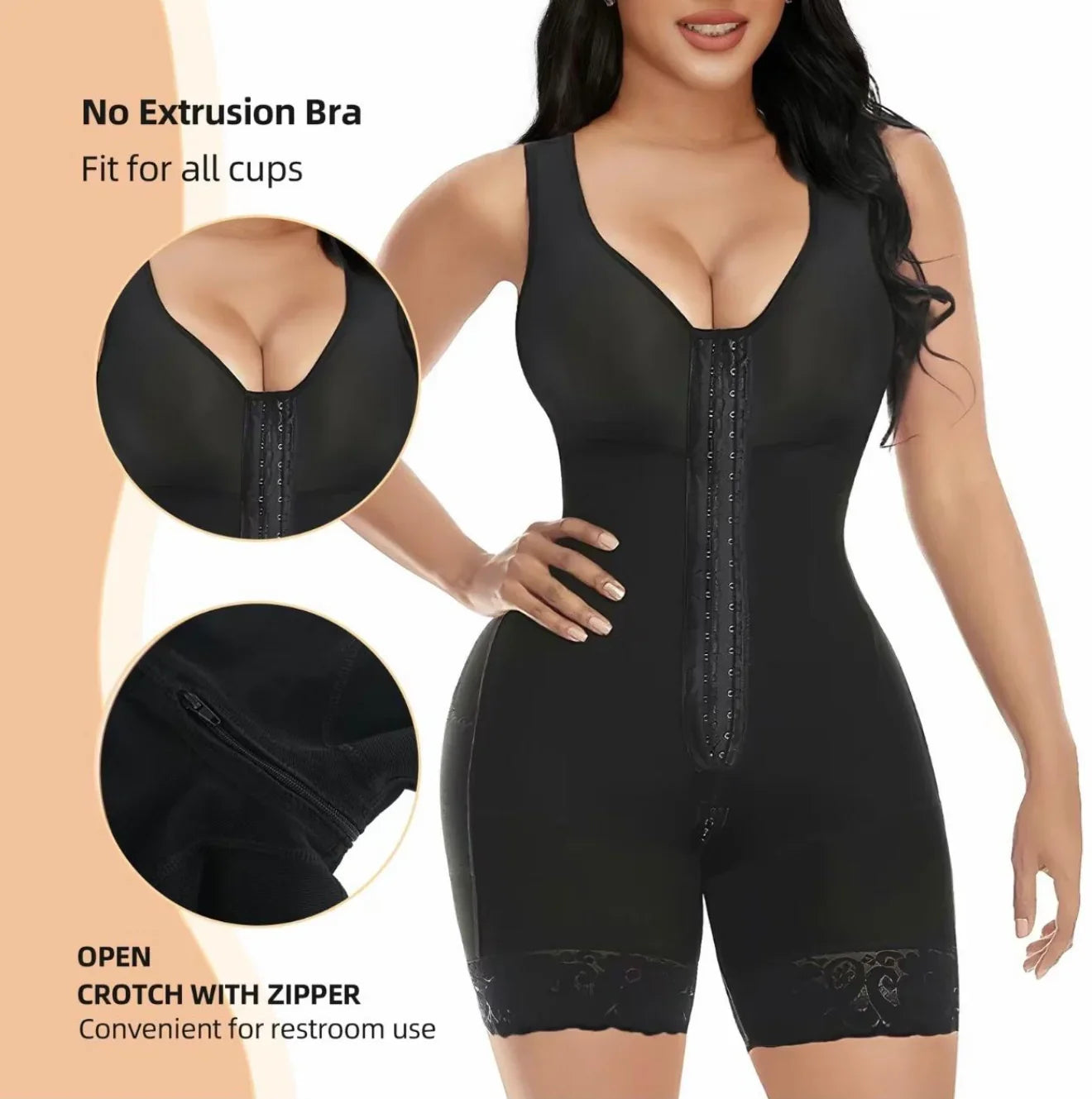Woman wearing black shapewear bodysuit with front hooks and lace trim, featuring built-in bra and zippered crotch for comfort and convenience.