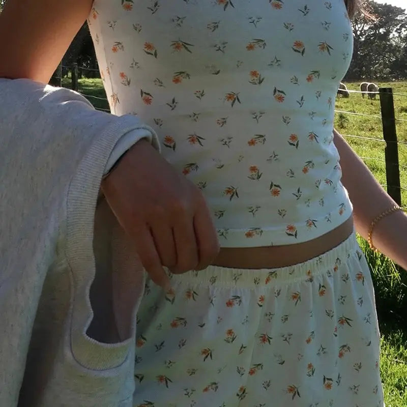 Floral Print 2 Piece Sets 00s Retro Sweet Cute Crop Tops T-shirt + Shorts Y2K Aesthetic Cottage Lounge Pajamas Women Outfits Couture Cozy