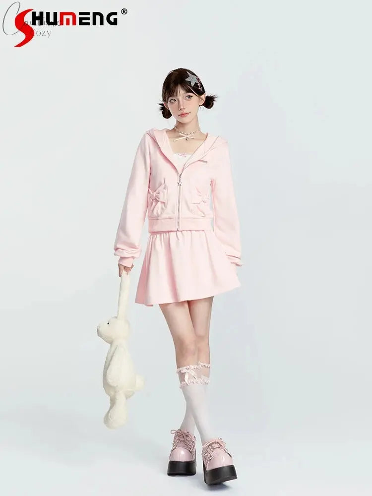 Japanese Style Sweet Pink Sweatshirt Set Y2k Girl Hooded Zipper Hoodies High Waist A-line Pleated Mini Skirt Two-piece Set Women Couture Cozy