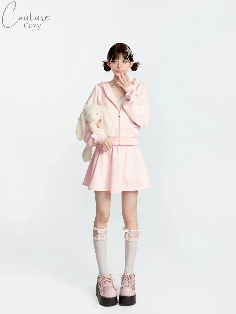 Japanese Style Sweet Pink Sweatshirt Set Y2k Girl Hooded Zipper Hoodies High Waist A-line Pleated Mini Skirt Two-piece Set Women Couture Cozy