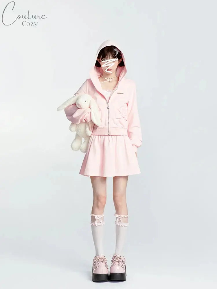 Japanese Style Sweet Pink Sweatshirt Set Y2k Girl Hooded Zipper Hoodies High Waist A-line Pleated Mini Skirt Two-piece Set Women Couture Cozy
