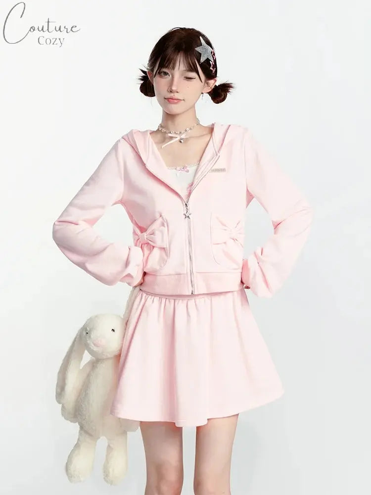 Japanese Style Sweet Pink Sweatshirt Set Y2k Girl Hooded Zipper Hoodies High Waist A-line Pleated Mini Skirt Two-piece Set Women Couture Cozy