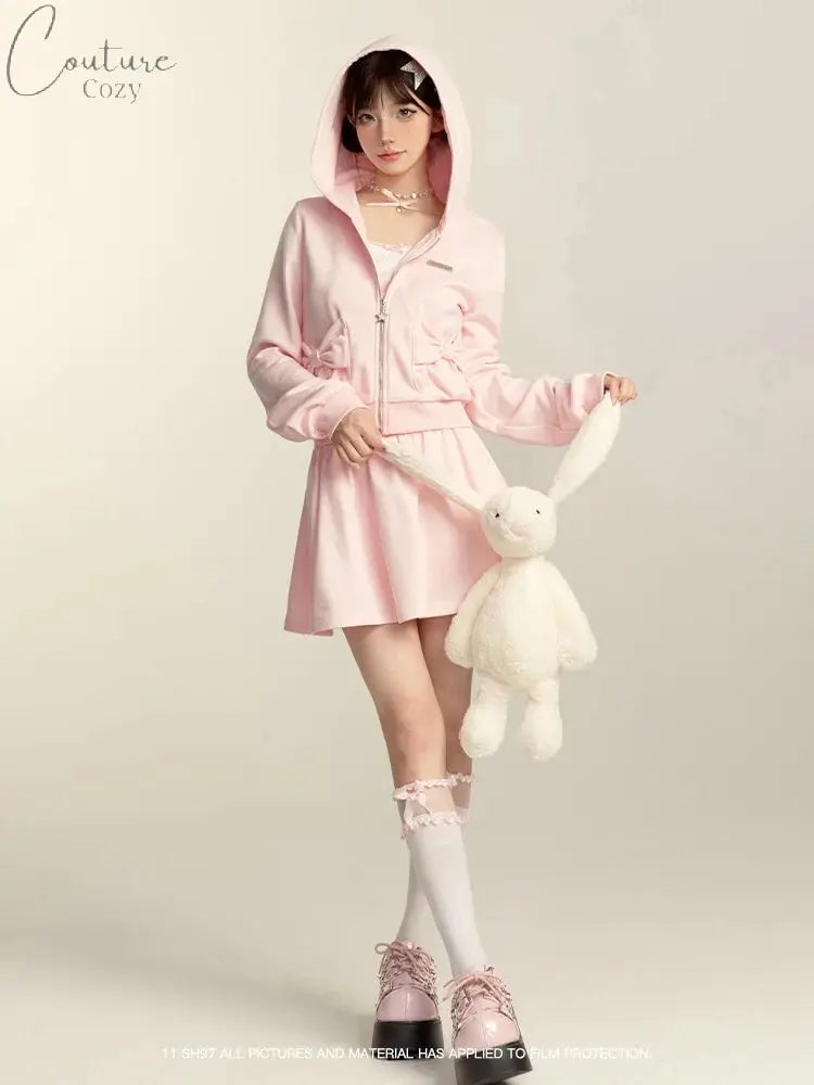 Japanese Style Sweet Pink Sweatshirt Set Y2k Girl Hooded Zipper Hoodies High Waist A-line Pleated Mini Skirt Two-piece Set Women Couture Cozy