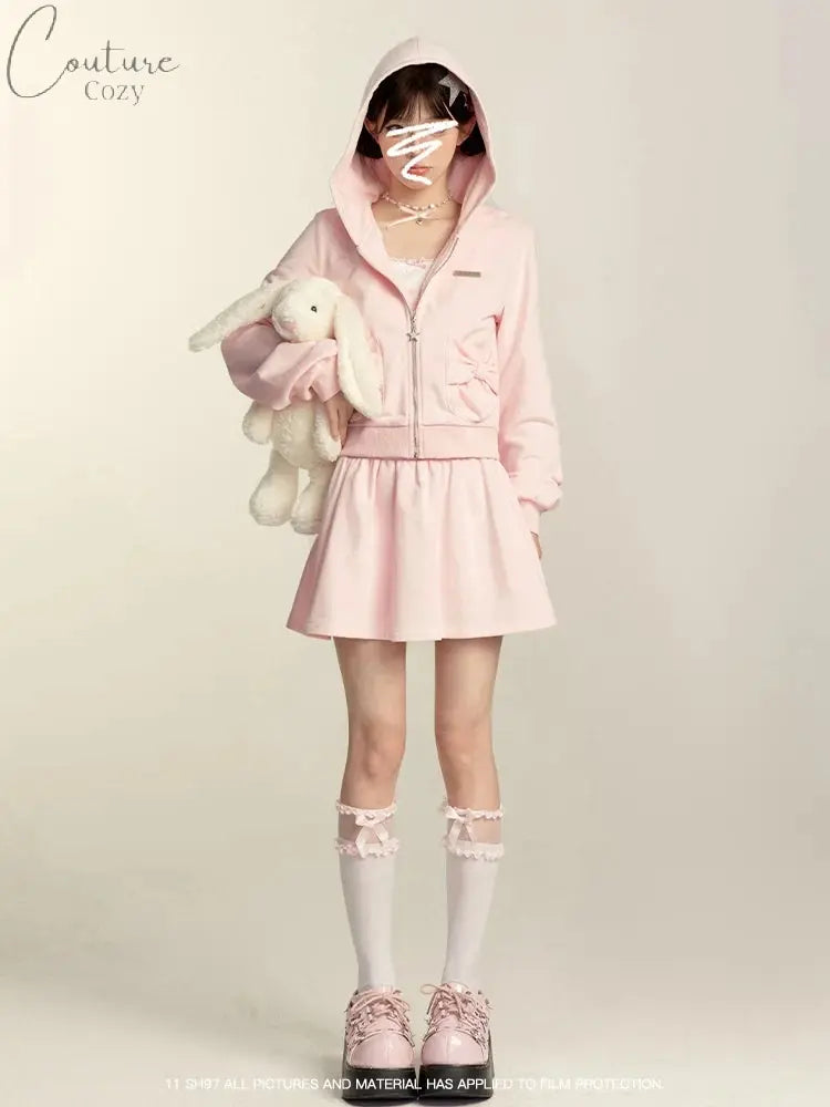 Japanese Style Sweet Pink Sweatshirt Set Y2k Girl Hooded Zipper Hoodies High Waist A-line Pleated Mini Skirt Two-piece Set Women Couture Cozy