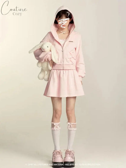 Japanese Style Sweet Pink Sweatshirt Set Y2k Girl Hooded Zipper Hoodies High Waist A-line Pleated Mini Skirt Two-piece Set Women Couture Cozy