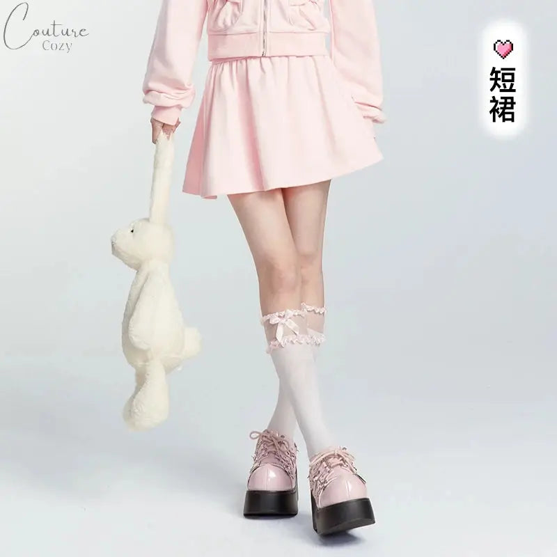 Japanese Style Sweet Pink Sweatshirt Set Y2k Girl Hooded Zipper Hoodies High Waist A-line Pleated Mini Skirt Two-piece Set Women Couture Cozy