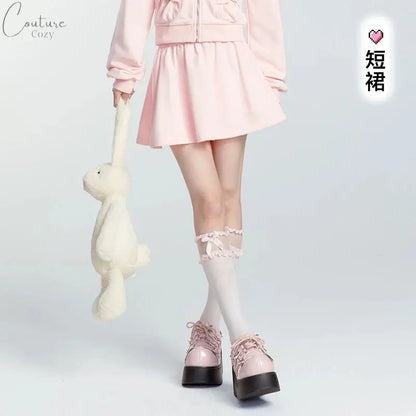 Japanese Style Sweet Pink Sweatshirt Set Y2k Girl Hooded Zipper Hoodies High Waist A-line Pleated Mini Skirt Two-piece Set Women Couture Cozy